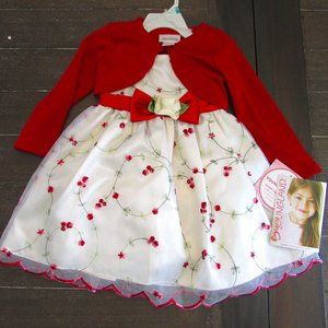 Youngland Girl's Party Dress Sz 3T Ivory Chiffon Red Embroidered Flowers Sweater
